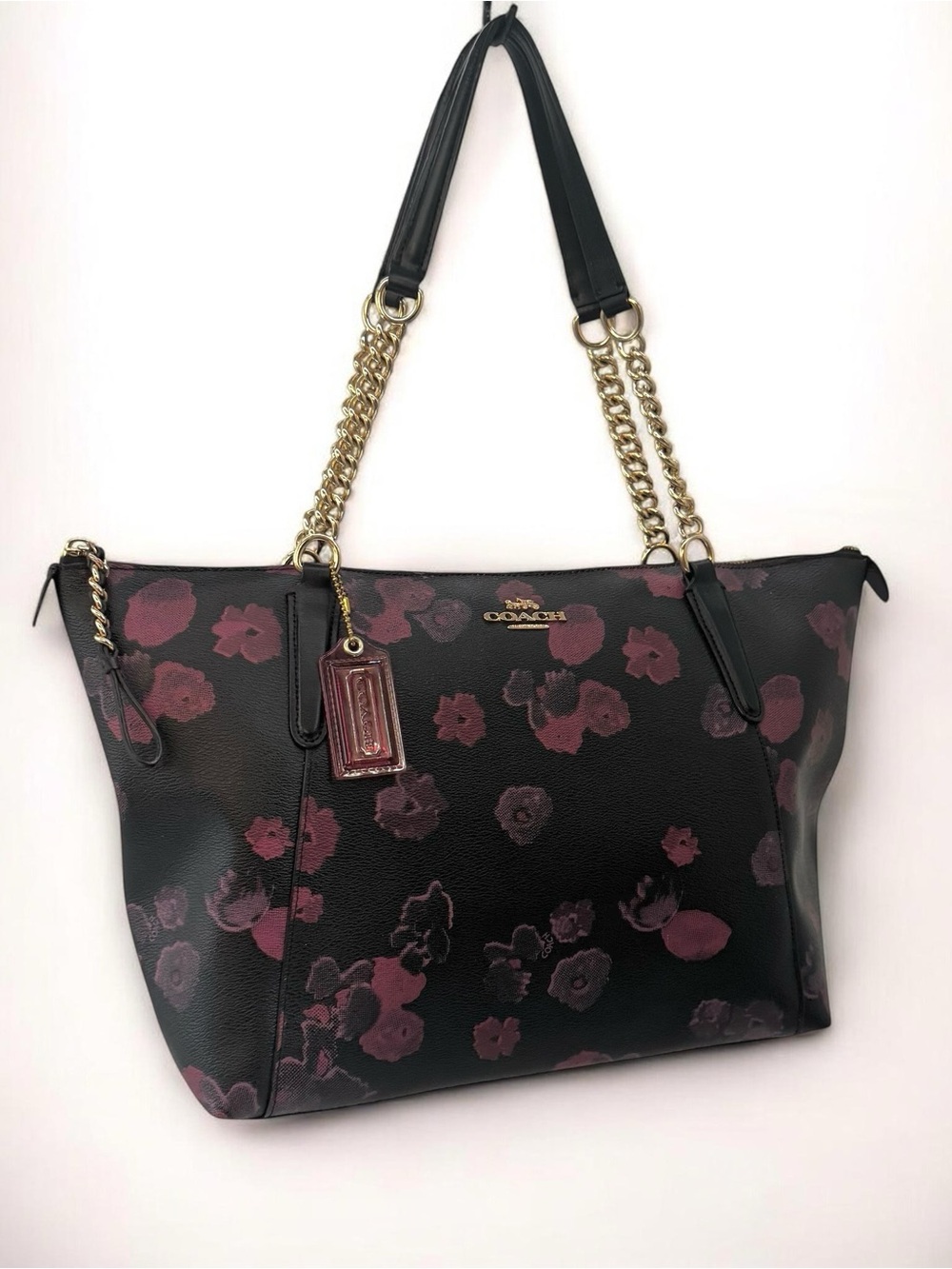 Coach AVA Halftone Leather Black W/Floral Tote Gold Chain Shoulder Bag Pre-Loved